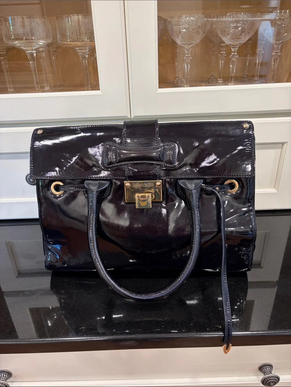 Jimmy Choo Patent Leather Satchel Handbag in Deep Navy